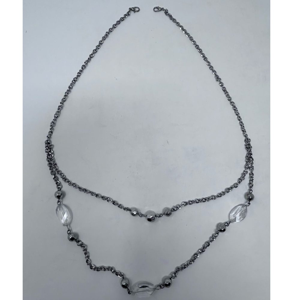 Double Silver Blouse Necklace Clear and Silver Beads 14 1/2" Long
